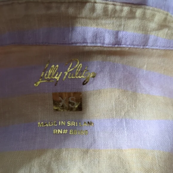 Lilly Pulitzer Coralynn Button Down Shirt‎ 100% Linen Yellow/Purple Stripes - Picture 5 of 8
